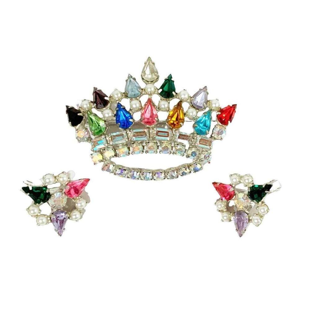 1950s Vtg B David Signed Crown Brooch & Clip on Earrings Rhinestone & Faux Pearl